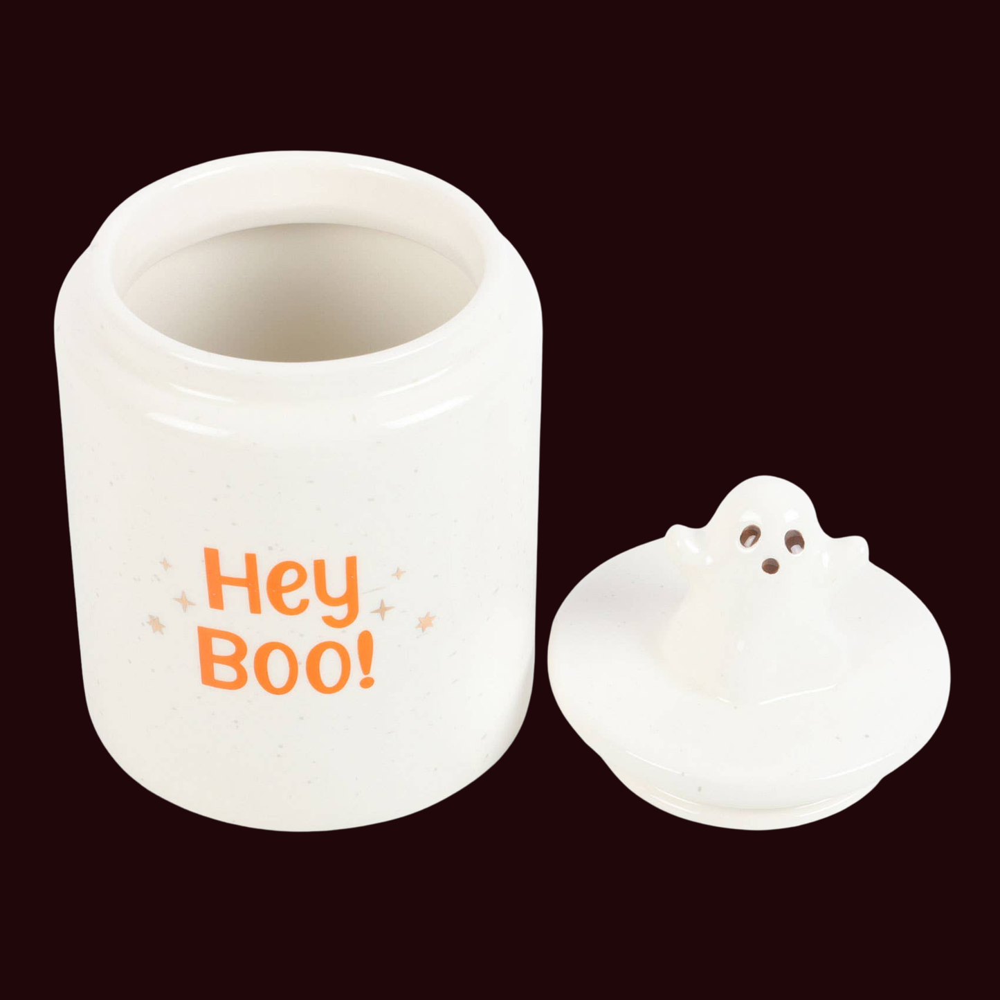 Förvaringsburk med spöke och texten 'Hey Boo'