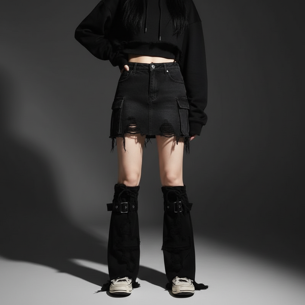 Black Denim Leg Warmers on Model - Full Look