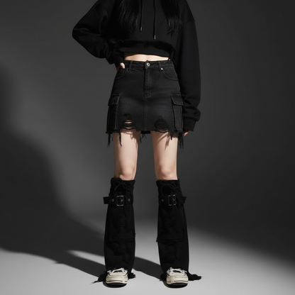 Black Denim Leg Warmers on Model - Full Look