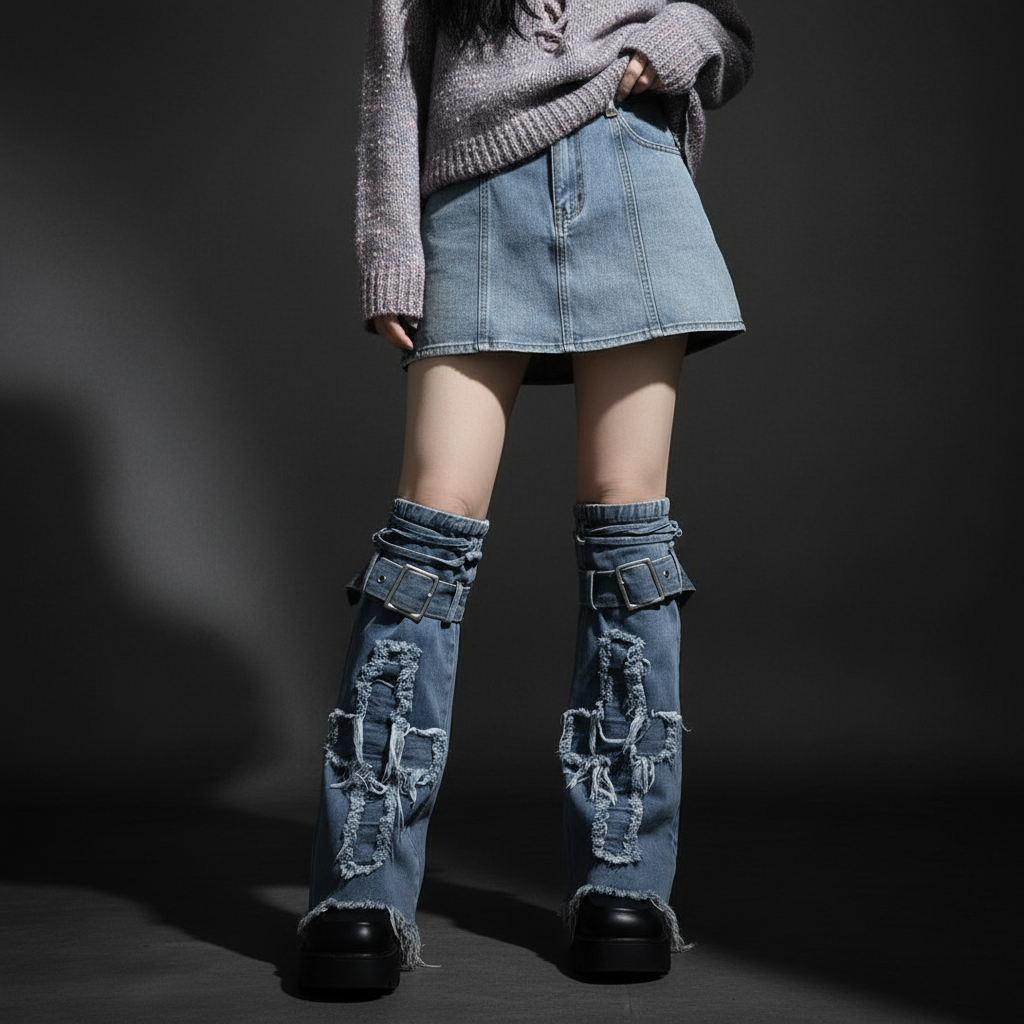 Blue Denim Leg Warmers - Standing Model