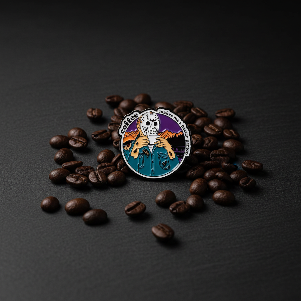 Coffee Pin flat lay med kaffebönor