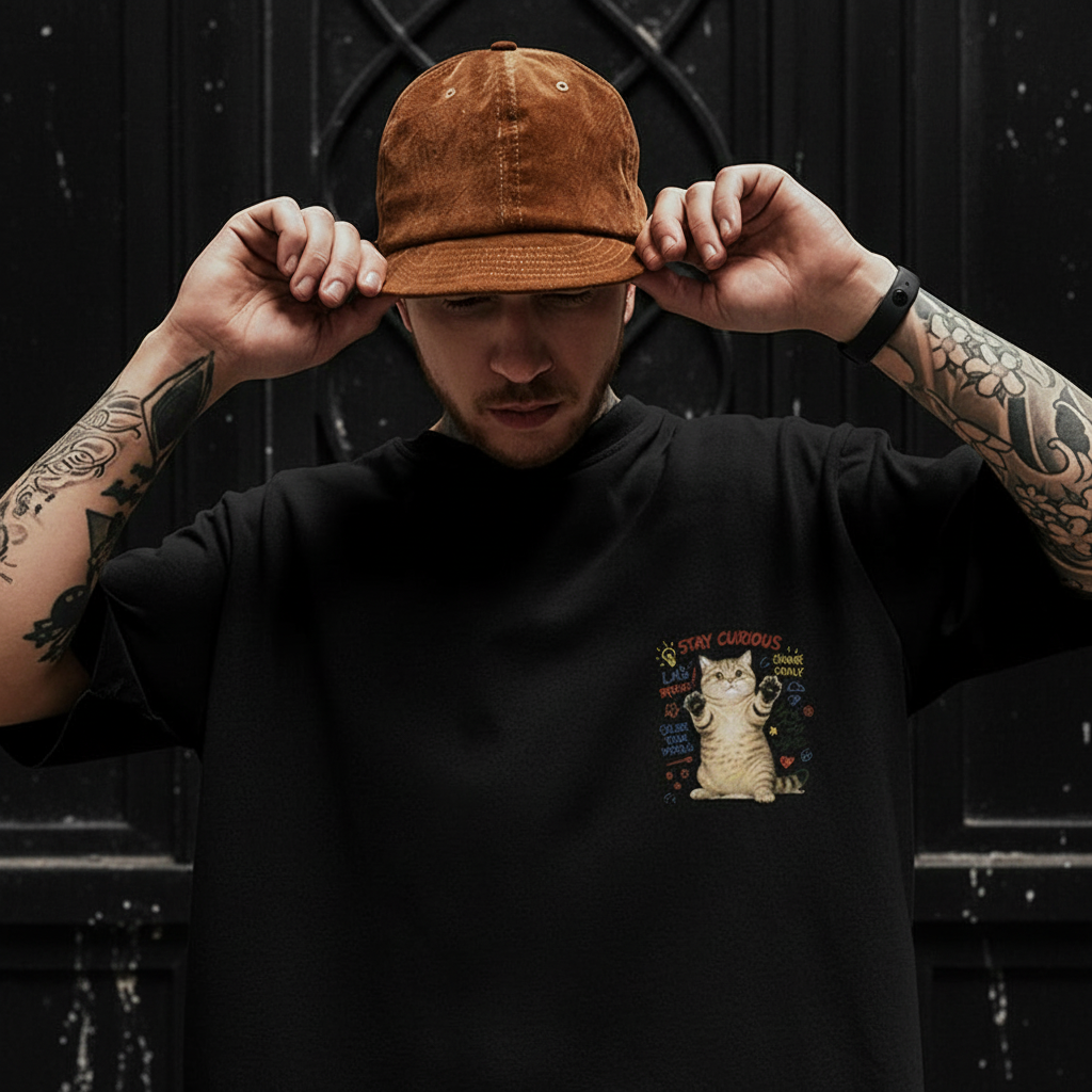 Dark aesthetic black t-shirt with cap