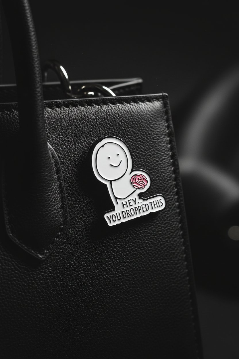 Enamel pin på svart läderväska