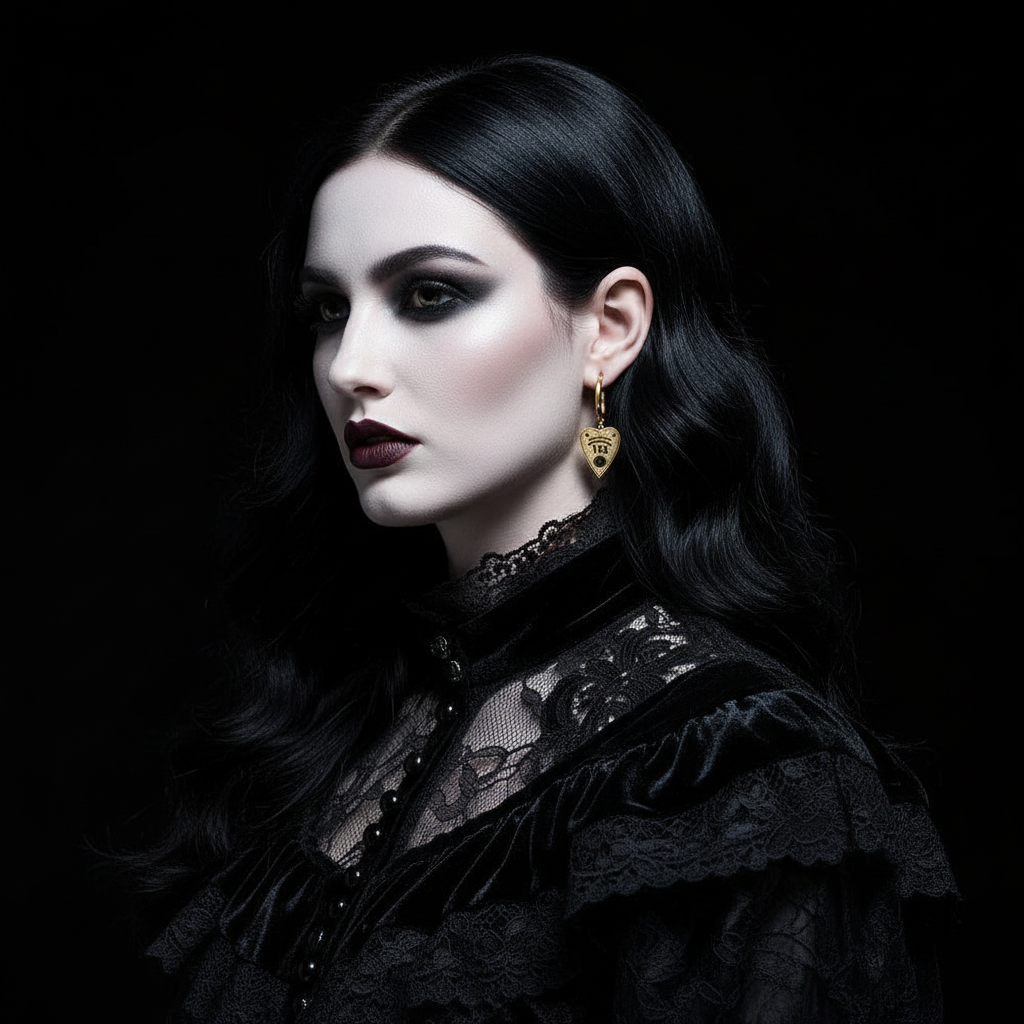Goth Model Wearing Planchette Earrings