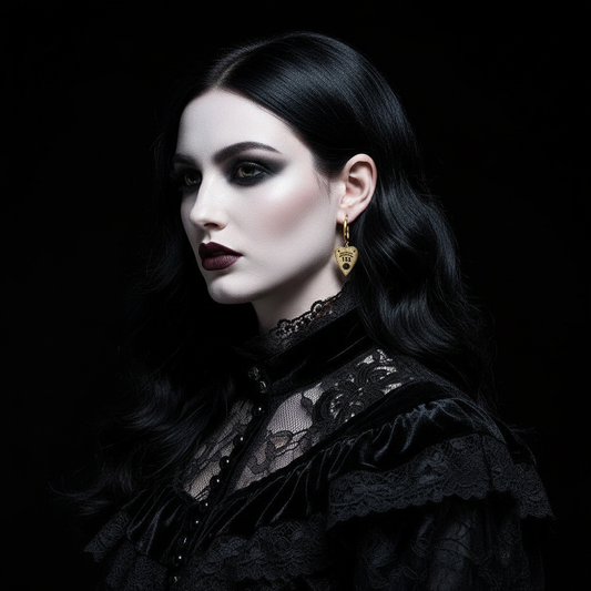 Goth Model Wearing Planchette Earrings