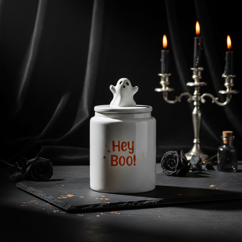 Förvaringsburk med spöke och texten 'Hey Boo'