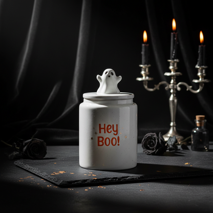 Förvaringsburk med spöke och texten 'Hey Boo'