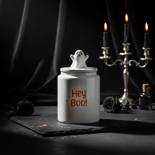 Förvaringsburk med spöke och texten 'Hey Boo'