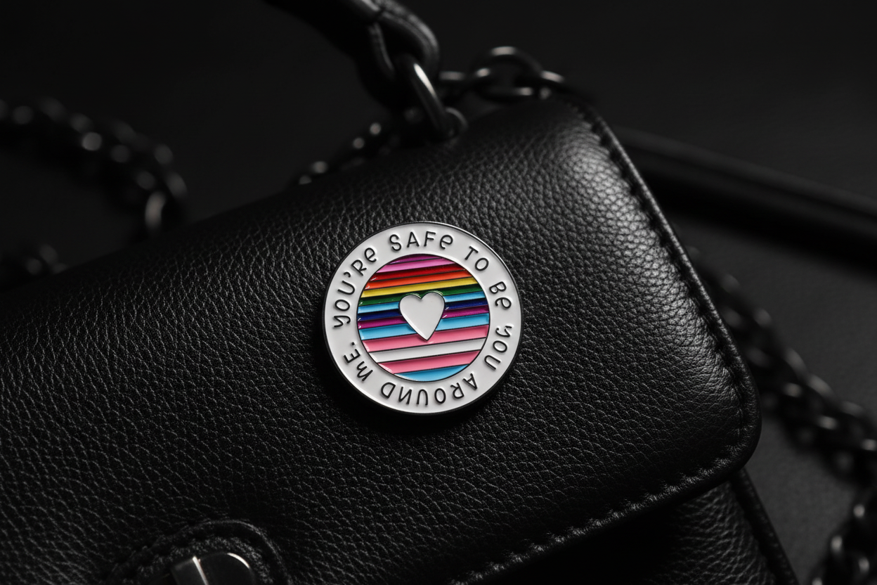 Pin på svart läderväska