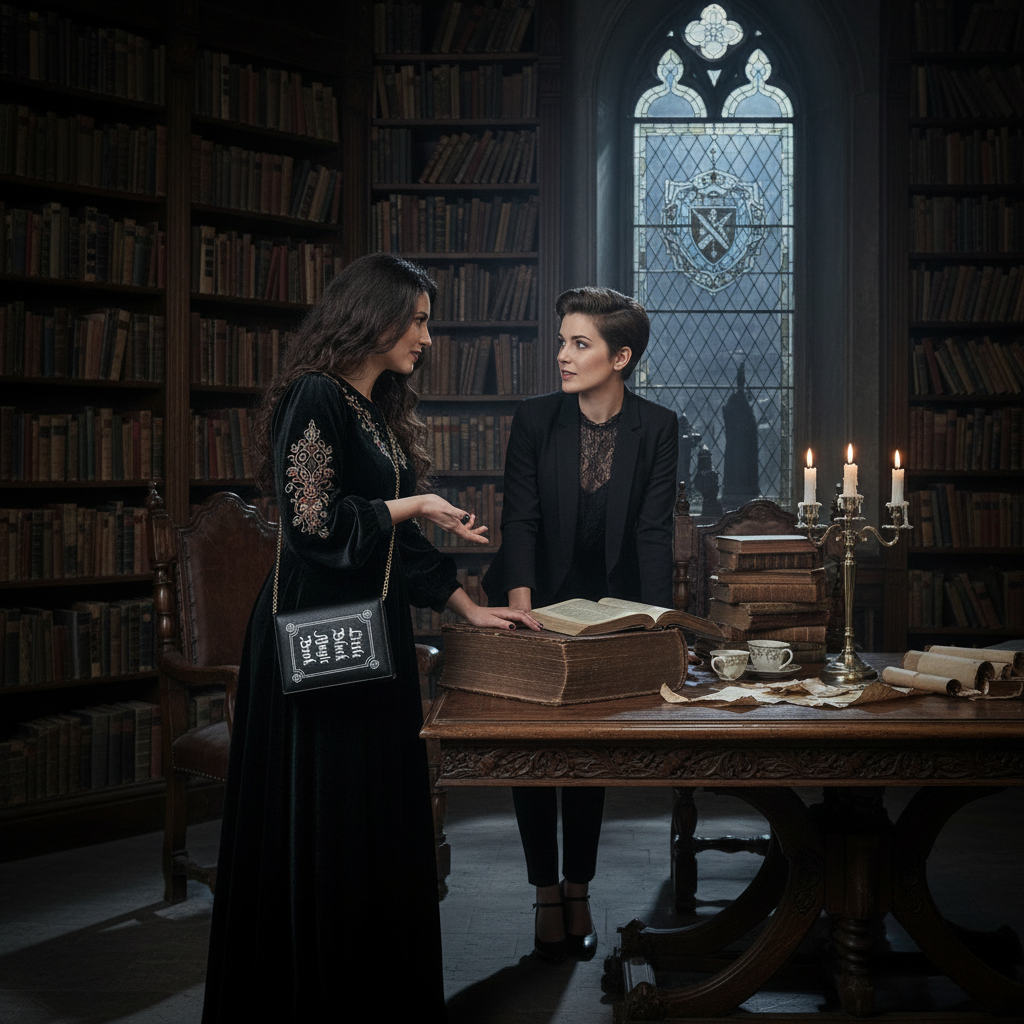 Realistic lifestyle shot with two people in gothic setting - Little Black Magic Book bag