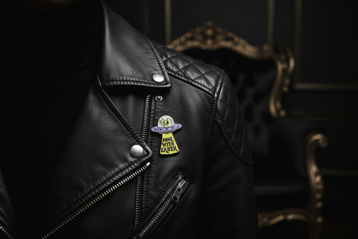 UFO-pin på läderjacka
